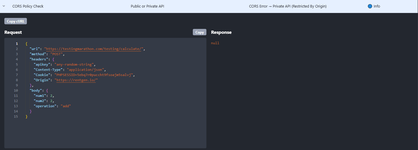 CORS policy check showing restricted and open origins in API responses